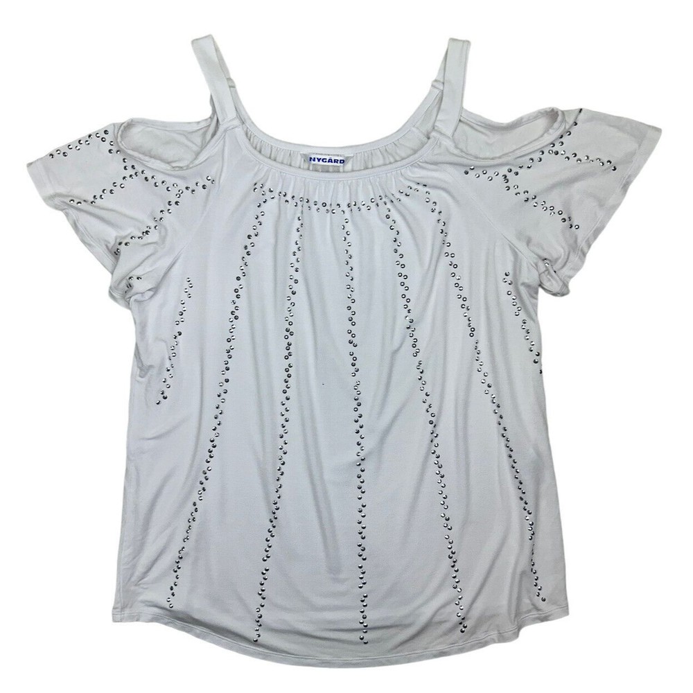 Nygard Womens Top Sz S White Bedazzled Short Sleeve Shirt Scoop‎ Cold Shoulder
